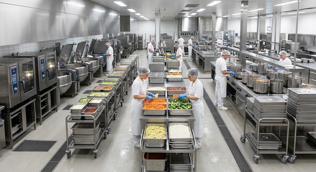Production en cuisine centrale, bacs gastronormes sur chariots