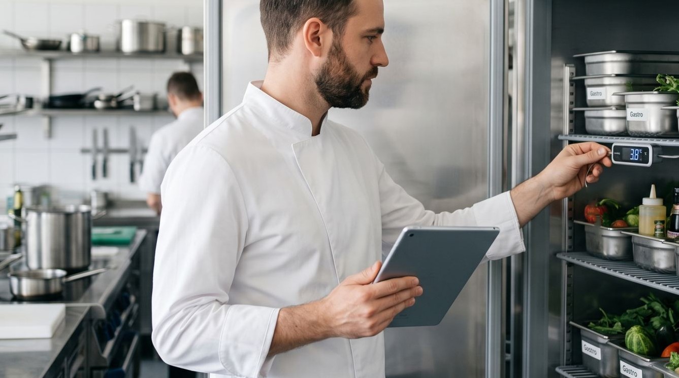 Chef relevant la température d'une armoire froide, tablette en main