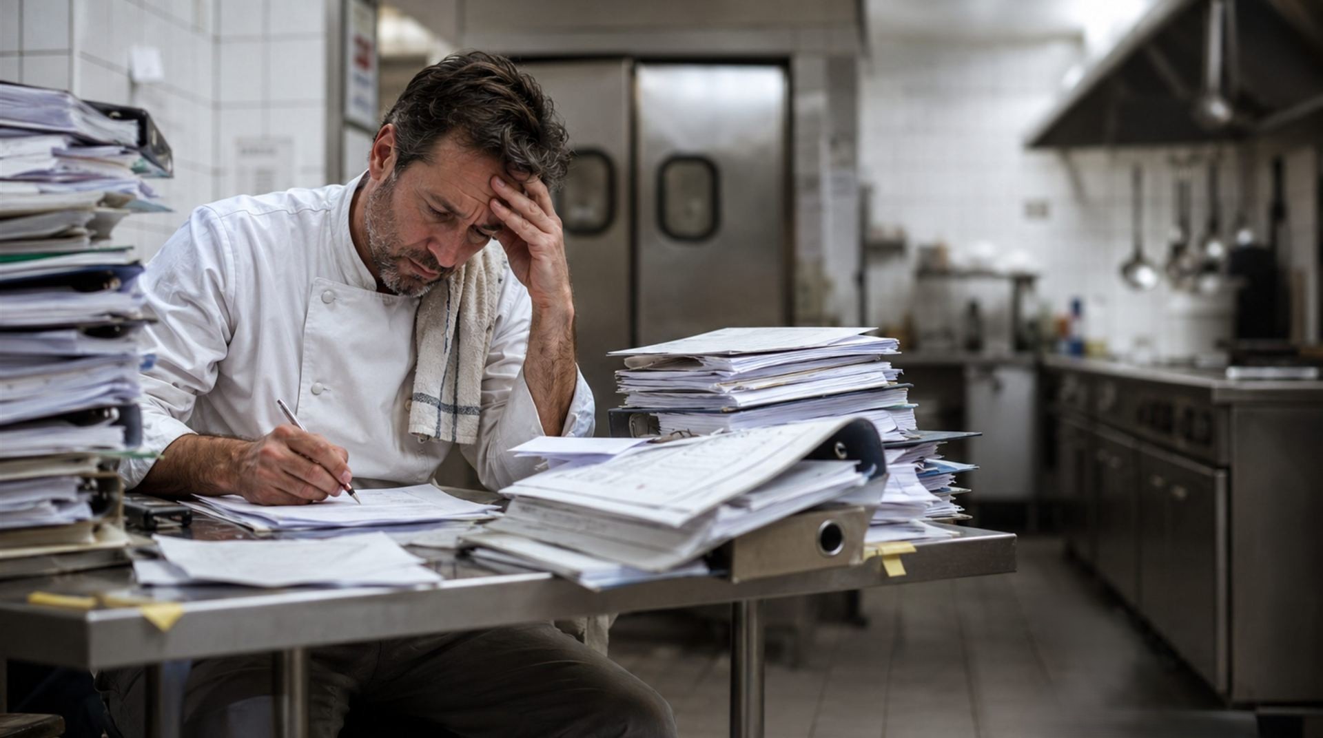 Un cuisinier submergé par les classeurs et les relevés papier