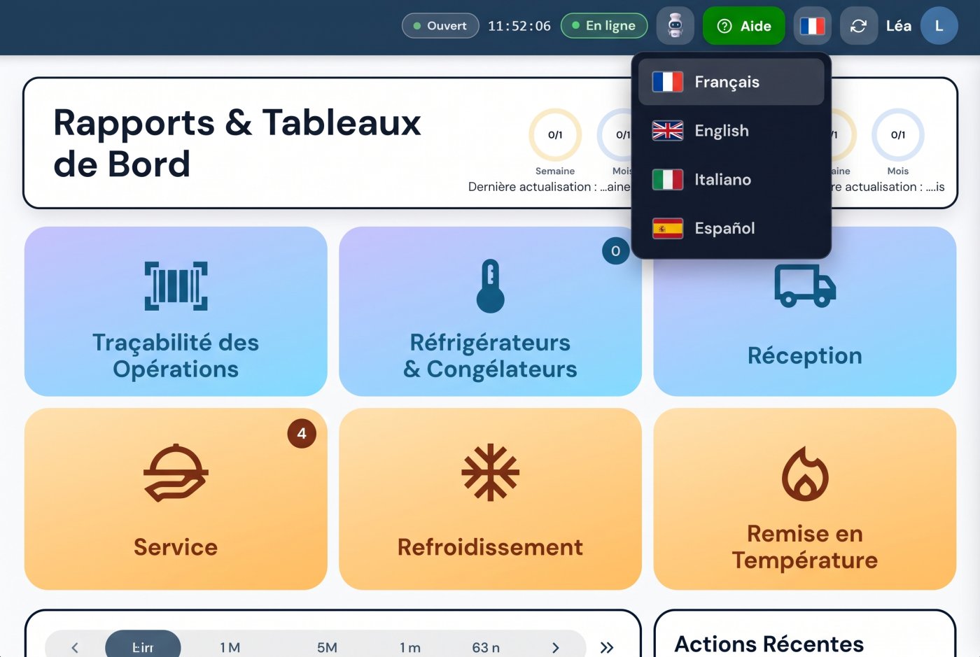 Le choix de la langue ouvert sur le tableau de bord de Marco HACCP